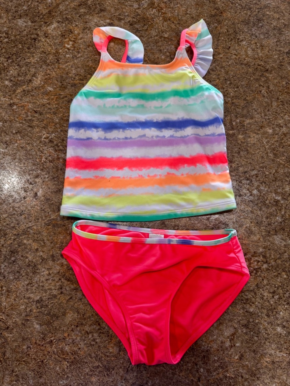 Cat & Jack Girls Tankini Swimsuit Set – Neon Pink Rainbow Stripe – Size M (8/10)